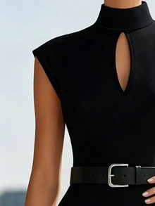 SHEIN Women's Solid Color Stand Collar Casual Party Dress - Black - View 12