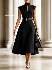 SHEIN Women's Solid Color Stand Collar Casual Party Dress - Black - View 2