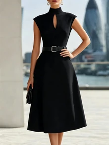 SHEIN Women's Solid Color Stand Collar Casual Party Dress - Black - View 8