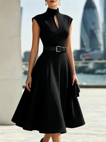 SHEIN Women's Solid Color Stand Collar Casual Party Dress - Black - View 6