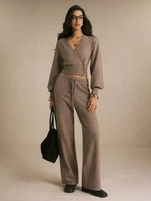 Poéselle Women's Brown Button Up Dropped Shoulder Knit Cardigan And Wide Leg Pants 2 Piece Set ,Fall Winter Sweater,Casual Elegant Fall Winter Outfit - Khaki - View 9