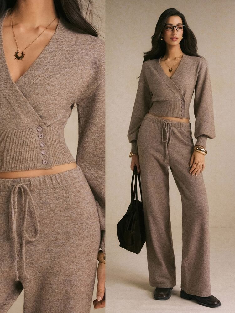Poéselle Women's Brown Button Up Dropped Shoulder Knit Cardigan And Wide Leg Pants 2 Piece Set ,Fall Winter Sweater,Casual Elegant Fall Winter Outfit - Khaki - View 2