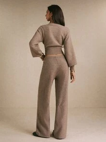 Poéselle Women's Brown Button Up Dropped Shoulder Knit Cardigan And Wide Leg Pants 2 Piece Set ,Fall Winter Sweater,Casual Elegant Fall Winter Outfit - Khaki - View 4