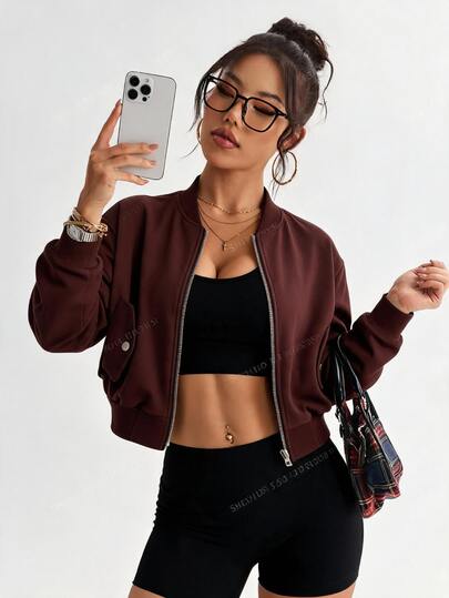 Easithlete Easithlete Autumn New Wine Red Loose Short Zipper Drop Shoulder Long Sleeve Cinched Waist Hem Casual Women's Wool Jacket