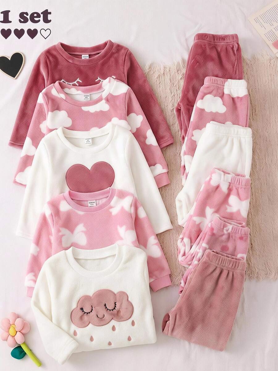 Toddler Girl Sweatshirt Pants Set Pink And White Dusty Pink Cloud Applique Long Sleeve Round Neck Holiday Autumn Ribbed Family Matching Casual - Pink - View 1