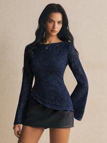 Poéselle Women's Floral Print Slim Fit Versatile Daily Wear Bell Sleeve T-Shirt - Navy Blue - View 6