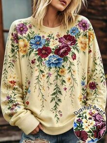 Selamara Sweatshirt Wanita Ukuran Besar Berbahan Fleece dengan Motif Bunga Vintage, Model Leher Bulat, Pullover Lengan Panjang Longgar Gaya Boho - Krem - View 1
