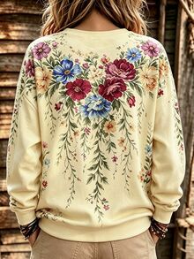 Selamara Sweatshirt Wanita Ukuran Besar Berbahan Fleece dengan Motif Bunga Vintage, Model Leher Bulat, Pullover Lengan Panjang Longgar Gaya Boho - Krem - View 2
