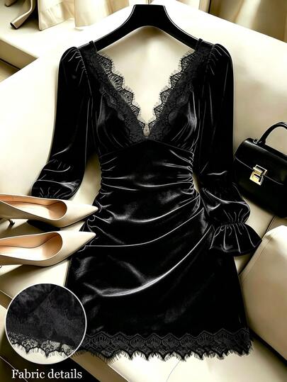 SHEIN Franclia Vestido elegante de mujer de unicolor con ribete de encaje y manga larga, diseño sexy con escote bajo plisado y cintura, vestido de otoño/invierno, ropa de otoño/invierno, vestido de vacaciones, vestido elegante para fiestas, vestido de invitada de mujer, vestido de graduación, vestido elegante, vestido casual, vestido formal de mujer, vestido negro