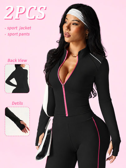 SHEIN Sovereign Charm 2pcs Women Sports Suit,Pink And Black,Fall Winter,Sexy,Gym Workout Sets Full-Zip Jacket Thumb Hole&High-Waist Flared Leggings Yoga Running Outfit