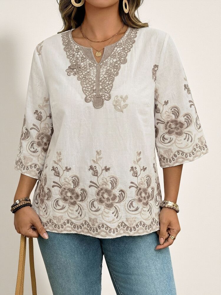 Comfylo Plus Size Autumn Casual Boho Floral Embroidery Notched Neck 3/4 Sleeve Shirt Holiday Tea Party Vacation Vacation Holiday Tea Party White Floral Floral Floral - White - View 2