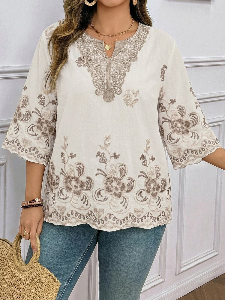 Comfylo Plus Size Autumn Casual Boho Floral Embroidery Notched Neck 3/4 Sleeve Shirt Holiday Tea Party Vacation Vacation Holiday Tea Party White Floral Floral Floral - White - View 6