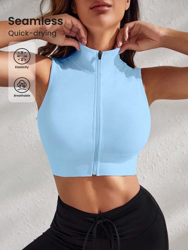 Dewbera Dewbera Women's Baby Blue Zipper Front Seamless High Stretch Sports Bra,Summer Athleisure Pilates Gym Crop Top,Sleeveless Zip Up Workout Camisole Sport Shirt - Baby Blue - View 4