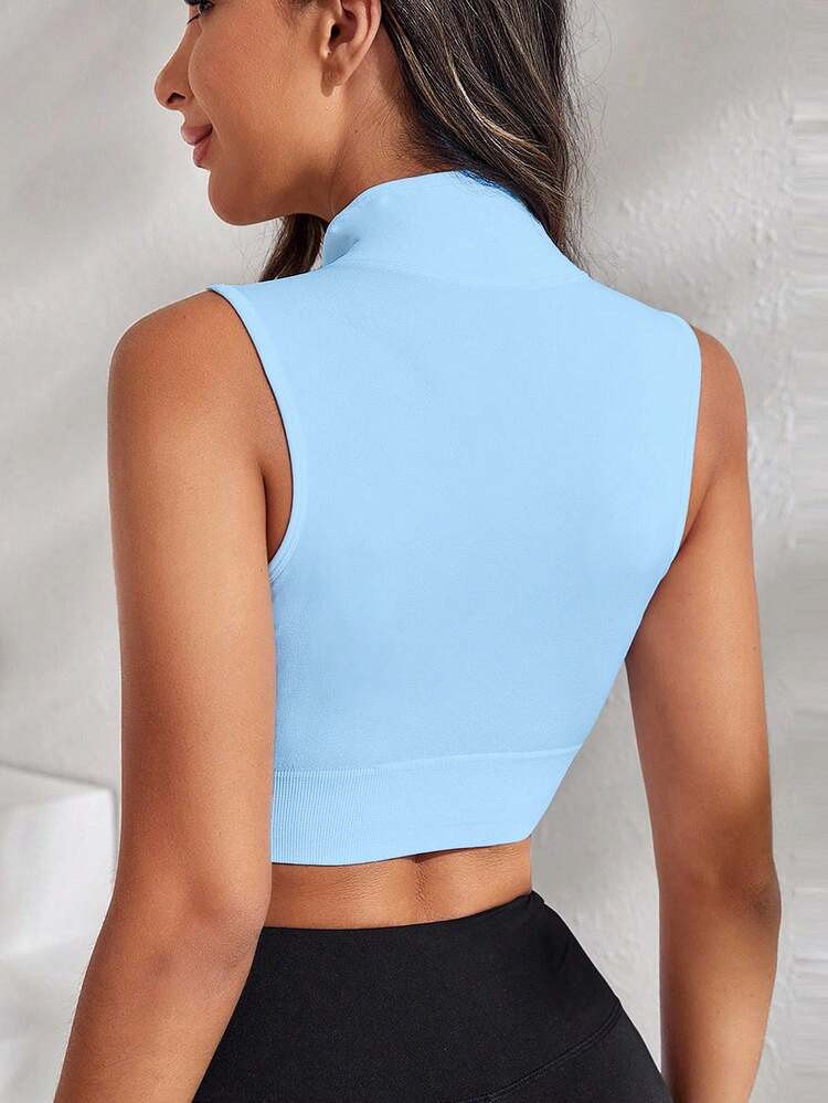 Dewbera Dewbera Women's Baby Blue Zipper Front Seamless High Stretch Sports Bra,Summer Athleisure Pilates Gym Crop Top,Sleeveless Zip Up Workout Camisole Sport Shirt - Baby Blue - View 3