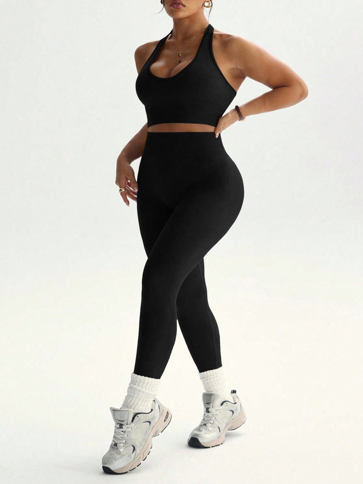 SHEIN Sports Plus Size Women Sexy Minimalist Solid Color Backless Halter Top And High Waist Leggings Sports Suit - Black - View 5