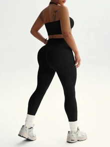 SHEIN Sports Plus Size Women Sexy Minimalist Solid Color Backless Halter Top And High Waist Leggings Sports Suit - Black - View 4