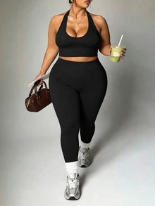 SHEIN Sports Plus Size Women Sexy Minimalist Solid Color Backless Halter Top And High Waist Leggings Sports Suit - Black - View 8