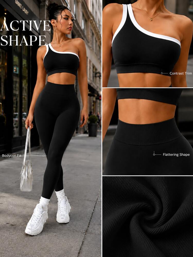 Dewbera Dewbera Seamless One-Shoulder Yoga Camisole -Lifting High Elasticity Women Sports Suit Active Two Piece Set Gym One Shoulder Workout Athletic Legging - Black - View 4
