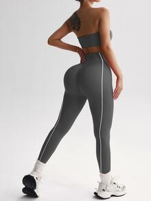 Dewbera Dewbera Women's Grey Seamless White Striped Sports Set,Strapless Crop Top And Leggings Two Piece Gym Set,Summer Athleisure Workout Set Petite Workout Suit - Grey - View 3