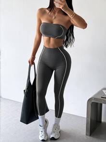 Dewbera Dewbera Women's Grey Seamless White Striped Sports Set,Strapless Crop Top And Leggings Two Piece Gym Set,Summer Athleisure Workout Set Petite Workout Suit - Grey - View 2