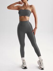 Dewbera Dewbera Women's Grey Seamless White Striped Sports Set,Strapless Crop Top And Leggings Two Piece Gym Set,Summer Athleisure Workout Set Petite Workout Suit - Grey - View 8