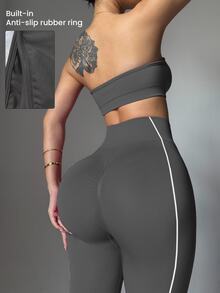 Dewbera Dewbera Women's Grey Seamless White Striped Sports Set,Strapless Crop Top And Leggings Two Piece Gym Set,Summer Athleisure Workout Set Petite Workout Suit - Grey - View 6