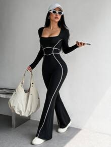 Dewbera Dewbera 全新高强度健身连体衣，长袖瑜伽健身普拉提服装，性感拼色紧身衣，提臀收腰设计 - 黑色 - 查看 2
