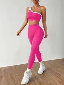Dewbera Dewbera 无缝单肩瑜伽工字背心和提臀高弹力女式运动套装 - 玫紅色 - 查看 6