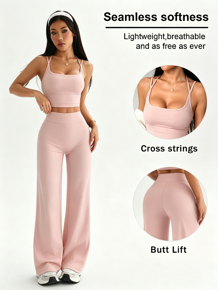Dewbera Dewbera Women's Solid Color Cropped Camisole And Flare Pants Sports Suit - Pink - View 3