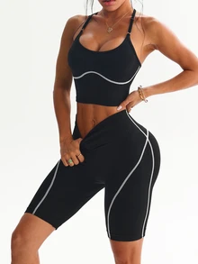 Dewbera Dewbera 2pcs Women's Seamless Contrast Color Adjustable Strap Backless Ribbed Line Running Fitness Workout Yoga Base Layer Outerwear Sports Tank Top Seamless Shorts Sports Set - Black and White - View 4