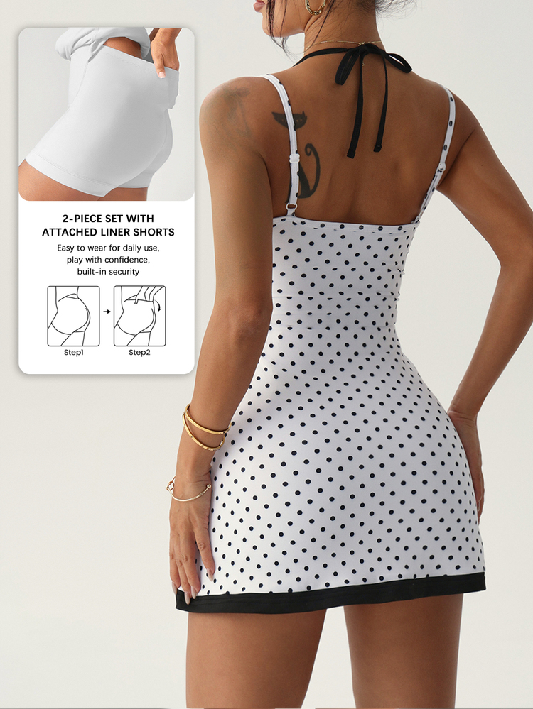 Dewbera Dewbera Women's Cute White With Black Polka Dots Summer Tennis Dress,Sleeveless Racerback 2PCS Sports Dress With Built-In Shorts And Pockets For Gym,Running - Multicolor - View 2