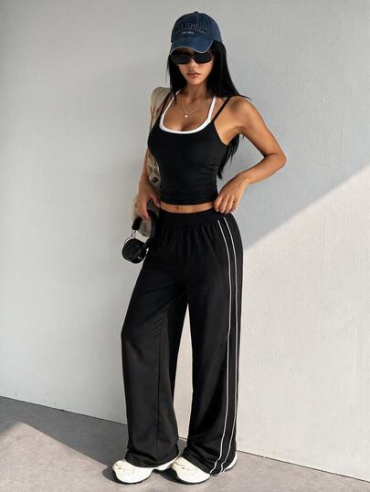 Dewbera Dewbera 2pcs Women's Sportwear Set,Black And White Contrast Color Sleeveless Tight Top & Straight Leg Pants,Summer Athleisure Casual Gym Running Yoga Workout
