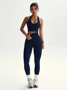 Dewbera Dewbera Women's Solid Color Minimalist Daily Halter Top And Pants Sports Suit Workout Set - Navy Blue - View 7