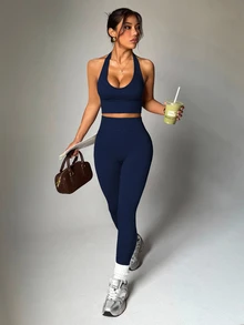 Dewbera Dewbera Women's Solid Color Minimalist Daily Halter Top And Pants Sports Suit Workout Set - Navy Blue - View 4