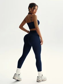 Dewbera Dewbera Women's Solid Color Minimalist Daily Halter Top And Pants Sports Suit Workout Set - Navy Blue - View 8