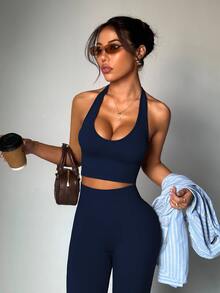 Dewbera Dewbera Women's Solid Color Minimalist Daily Halter Top And Pants Sports Suit Workout Set - Navy Blue - View 3