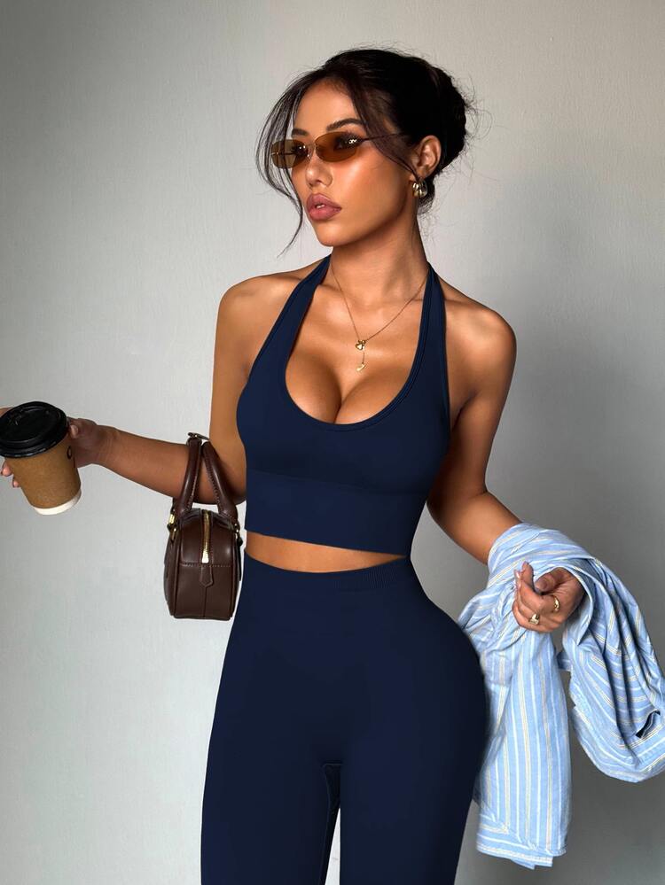 Dewbera Dewbera Women's Solid Color Minimalist Daily Halter Top And Pants Sports Suit Workout Set - Navy Blue - View 2