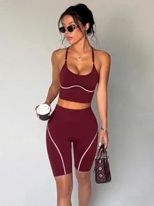 Dewbera Dewbera 2pcs Women's Seamless Colorblock Adjustable Strap Backless Ribbed Line Running Fitness Workout Yoga Base Layer Outerwear Sports Tank Top & Seamless Shorts Set - Red Violet - View 3