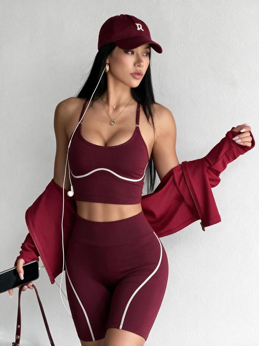 Dewbera Dewbera 2pcs Women's Seamless Colorblock Adjustable Strap Backless Ribbed Line Running Fitness Workout Yoga Base Layer Outerwear Sports Tank Top & Seamless Shorts Set - Red Violet - View 1