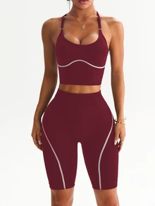 Dewbera Dewbera 2pcs Women's Seamless Colorblock Adjustable Strap Backless Ribbed Line Running Fitness Workout Yoga Base Layer Outerwear Sports Tank Top & Seamless Shorts Set - Red Violet - View 5