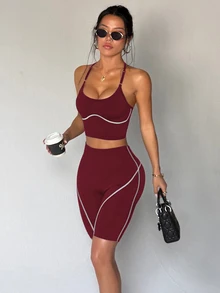 Dewbera Dewbera 2pcs Women's Seamless Colorblock Adjustable Strap Backless Ribbed Line Running Fitness Workout Yoga Base Layer Outerwear Sports Tank Top & Seamless Shorts Set - Red Violet - View 4