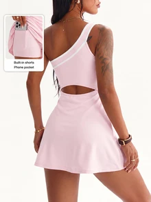 Dewbera Dewbera 1 Set Pink Tennis Outfit, One Shoulder Contrast Trim Dress With Built-In Shorts Sports Summer Wear - Pink - View 3