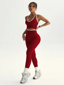 Dewbera Dewbera Women's Colorblock Trim Backless Halter Top & Leggings Sports Set - Red - View 5