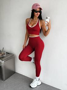 Dewbera Dewbera Women's Colorblock Trim Backless Halter Top & Leggings Sports Set - Red - View 1