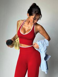 Dewbera Dewbera Women's Colorblock Trim Backless Halter Top & Leggings Sports Set - Red - View 9