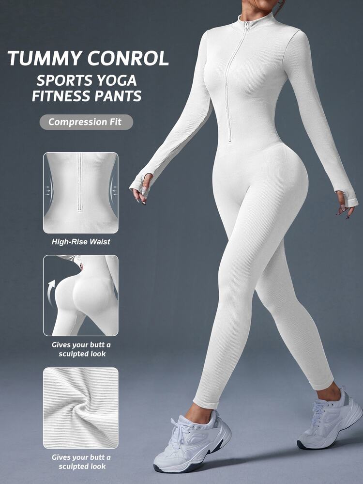 Dewbera Dewbera Women's Solid Color Stand Collar Casual Ribbed Zip-Up Long Sleeve Jumpsuit Shaping Workout Compression Women Jumpsuits Tummy Control Seamless Yoga - White - View 3