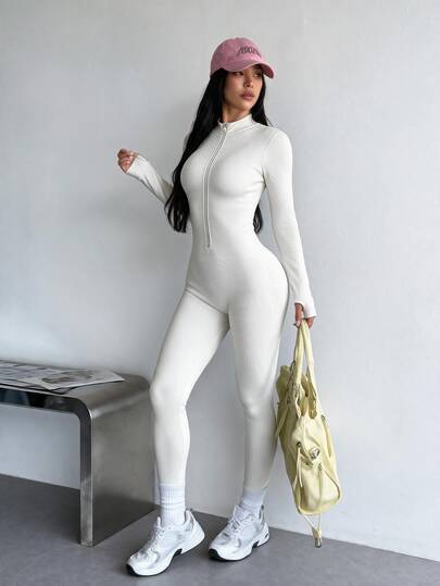Dewbera Dewbera Jumpsuit Wanita Warna Polos Kerah Tegak Kasual Bergaris dengan Resleting, Jumpsuit Pembentuk Tubuh untuk Olahraga Kompresi, Jumpsuit Pengontrol Perut Tanpa Jahitan untuk Yoga
