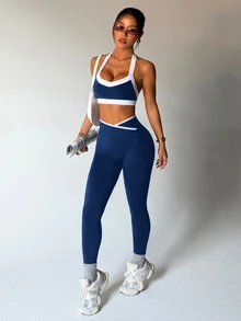 Dewbera Dewbera Women's Casual Sports Contrast Color Tank Top & Leggings Set - Navy Blue - View 6