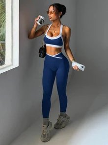 Dewbera Dewbera Women's Casual Sports Contrast Color Tank Top & Leggings Set - Navy Blue - View 5