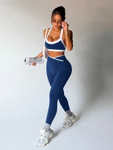 Dewbera Dewbera Women's Casual Sports Contrast Color Tank Top & Leggings Set - Navy Blue - View 9